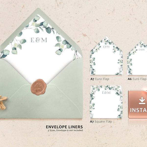 LAILA - Printable Envelope Liner, A6 and A7 Euro Flap & Square Flap Template with Eucalyptus Greenery Foliage, INSTANT DOWNLOAD, Printable