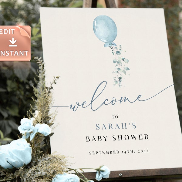 Baby Shower Welcome Sign Blue Balloon Custom Balloon Sign Editable Lawn Poster Babyblue Welcome Boy Signage BBWS