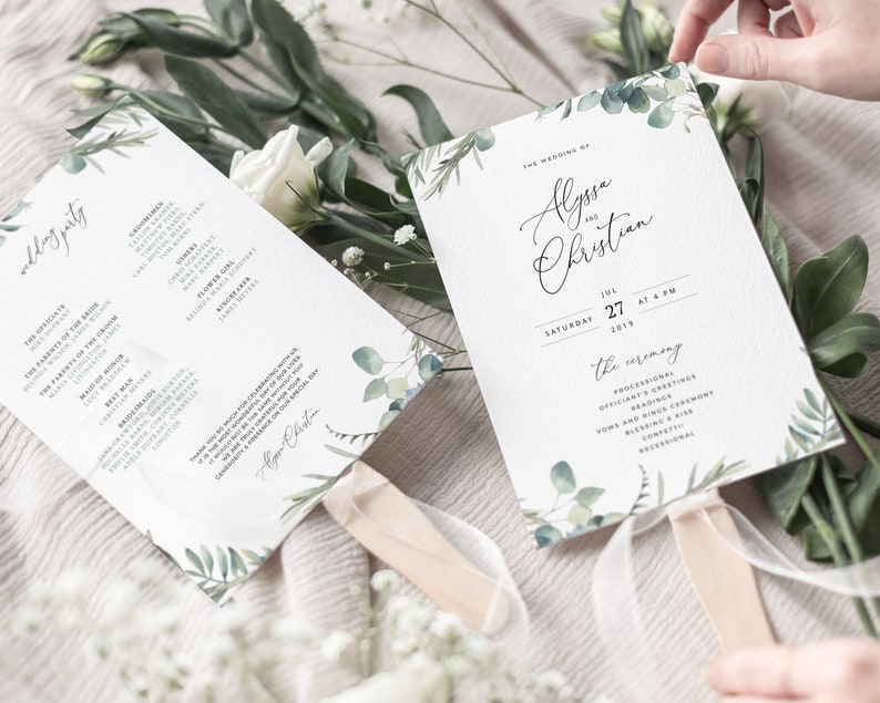 MARI Trifold Wedding Programs with Eucalyptus, Folded Boho Ceremony Template, Rustic Rosemary Greenery Download, Editable Order Of Service image 6