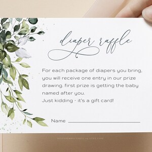 REESE - Carta stampabile della lotteria per pannolini, Baby Shower all'eucalipto, Inserti neutri di genere, Fai da te personalizzabile modificabile, Verde acquerello