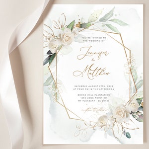 MARCI Geometrische Hochzeitseinladung Vorlage, Weiße Rose Faux Gold Hochzeitseinladungsvorlage, Hochzeitseinladung herunterladen, Invite Suite Kit Bild 10