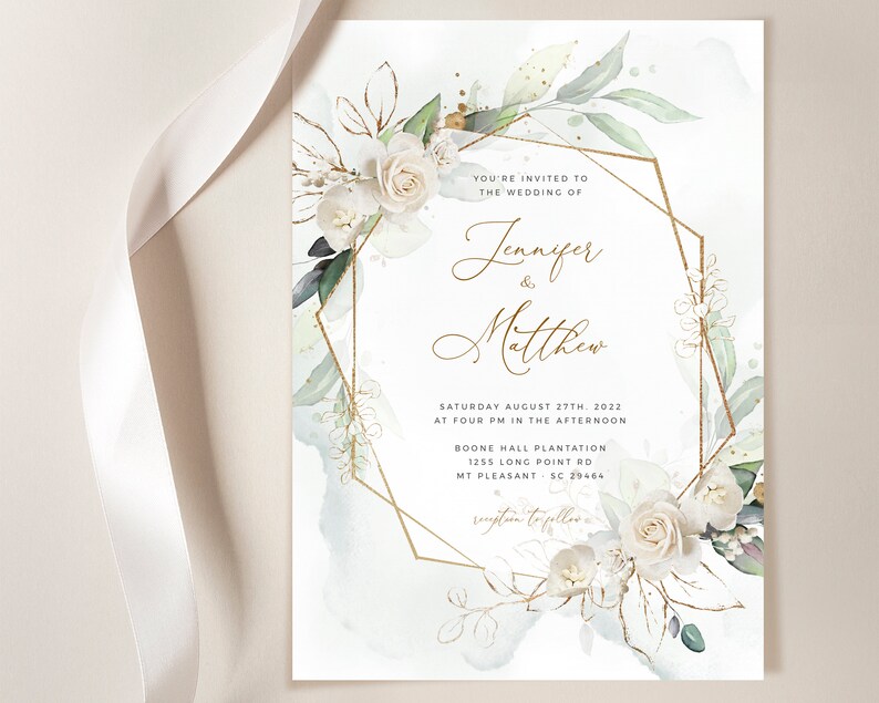 MARCI Geometrische Hochzeitseinladung Vorlage, Weiße Rose Faux Gold Hochzeitseinladungsvorlage, Hochzeitseinladung herunterladen, Invite Suite Kit Bild 10