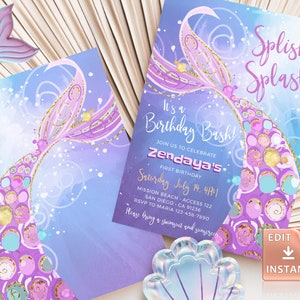 Mermaid Birthday Invitation: Pink, Purple, Gold Under the Sea (Digital Download)