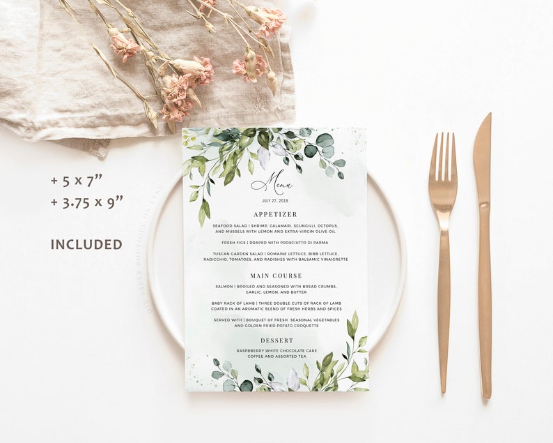 REESE Greenery Menu Card Template Eucalyptus Foliage - Etsy