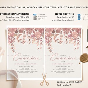 May include: A printable Quincea&ntilde;era invitation template with a floral design in shades of pink and brown. The text on the invitation reads "Join us for a Quincea&ntilde;era honoring Consuela Fernanda".