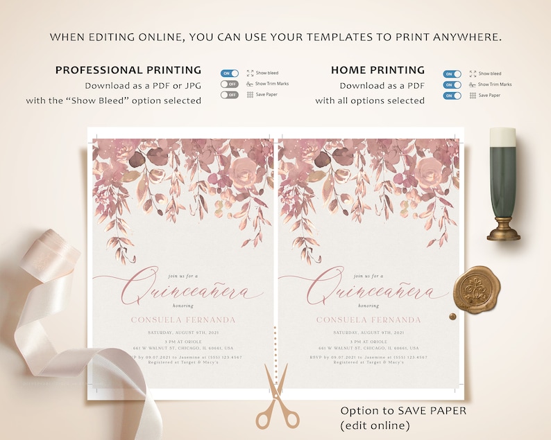 May include: A printable Quincea&ntilde;era invitation template with a floral design in shades of pink and brown. The text on the invitation reads "Join us for a Quincea&ntilde;era honoring Consuela Fernanda".