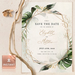 PAIGE - Botanisch groen Save the Date Card, Boho afdrukbare Faux Gold sjabloon, INSTANT DOWNLOAD, afdrukbare bewerkbare Save the Date