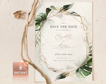 PAIGE - Botanical Greenery Save the Date Card, Bohemian Printable Faux Gold Template, INSTANT DOWNLOAD, Printable Editable Save the Date