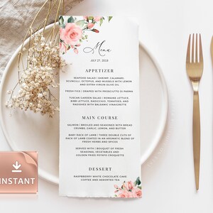 MIU - Carte de menu Red Rose Greenery, Cartes de menu de mariage imprimables, Dîner brunch de douche nuptiale, TÉLÉCHARGEMENT INSTANTANÉ, Modèle imprimable et modifiable