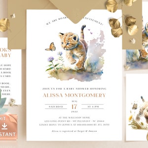 Uitnodiging babyshower aquarel leeuw: genderneutraal safarithema (direct downloaden)