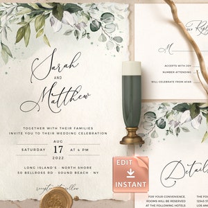 Greenery Wedding Invitation Collection 30 Templates, Customizable Wedding Kit, Mega Bundle, Eucalyptus Sage Green and Blue image 10