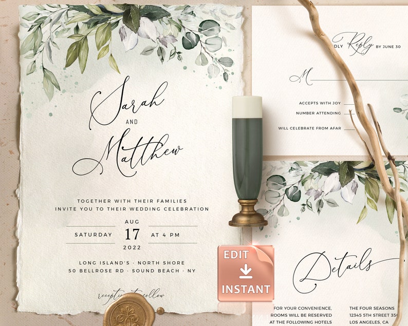 Greenery Wedding Invitation Collection 30 Templates, Customizable Wedding Kit, Mega Bundle, Eucalyptus Sage Green and Blue image 10