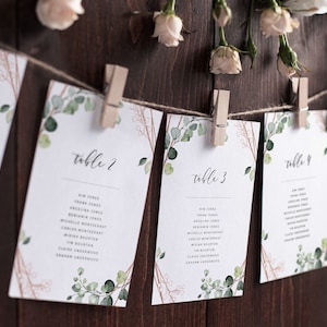 ELISA - Rose-Gold Eucalyptus Wedding Seating Cards Template, Seating Chart, Wedding Poster, Boho Rustic Greenery, Editable Printable Hanging