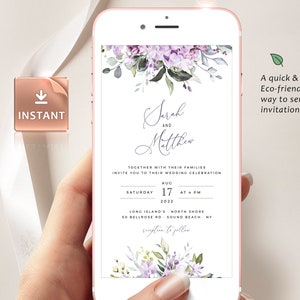 LILAC - Purple Electronic Invitation, Smartphone Evite, Floral Greenery Digital Template, Lila Mobile Invite, Instant Download, Smartphone