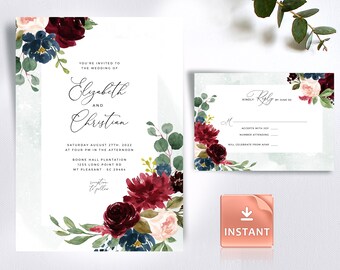 Conjunto de modelos de convites de casamento em aquarela cor de vinho (download digital)