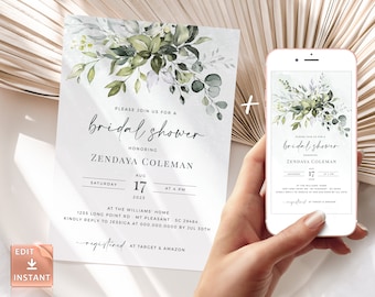 Eucalyptus Bridal Shower Invitation Template: Editable Printable (DIY Templett)