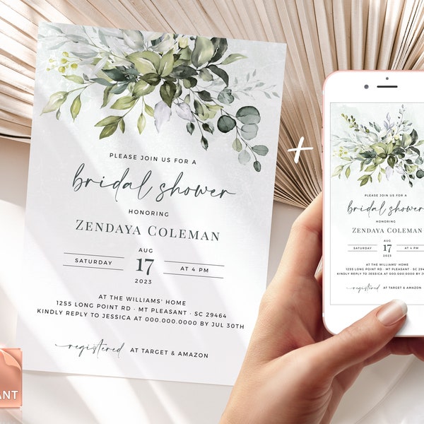 Bridal Shower Invitation Template, Editable, Printable Bridal Shower Invitation Card, Eucalyptus Greenery, Instant Download, DIY Templett