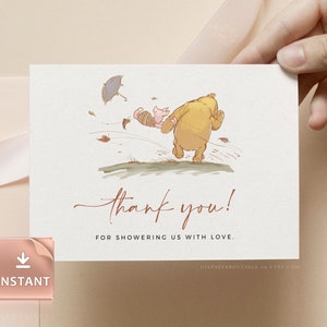 POOH - Bären-Dankeskarte, flach und zeltförmig, Babyparty-Vorlage, klassisch Winnie-The-Pooh, geschlechtsneutral Baby Bär, druckbar, bearbeitbar