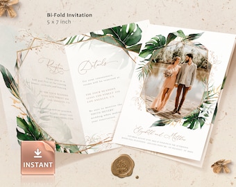 PAIGE - Picture Folded Wedding Invitation Template, Tropical Bi-Fold Wedding Invite Template Botanical Invitation Template Download Foldable