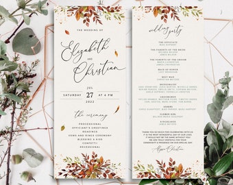 SIENNA - Rustic Fall Wedding Programs Template, Autumn Leaves and Greenery, Editable Ceremony Schedule, Printable Fall Ceremony Program Fan