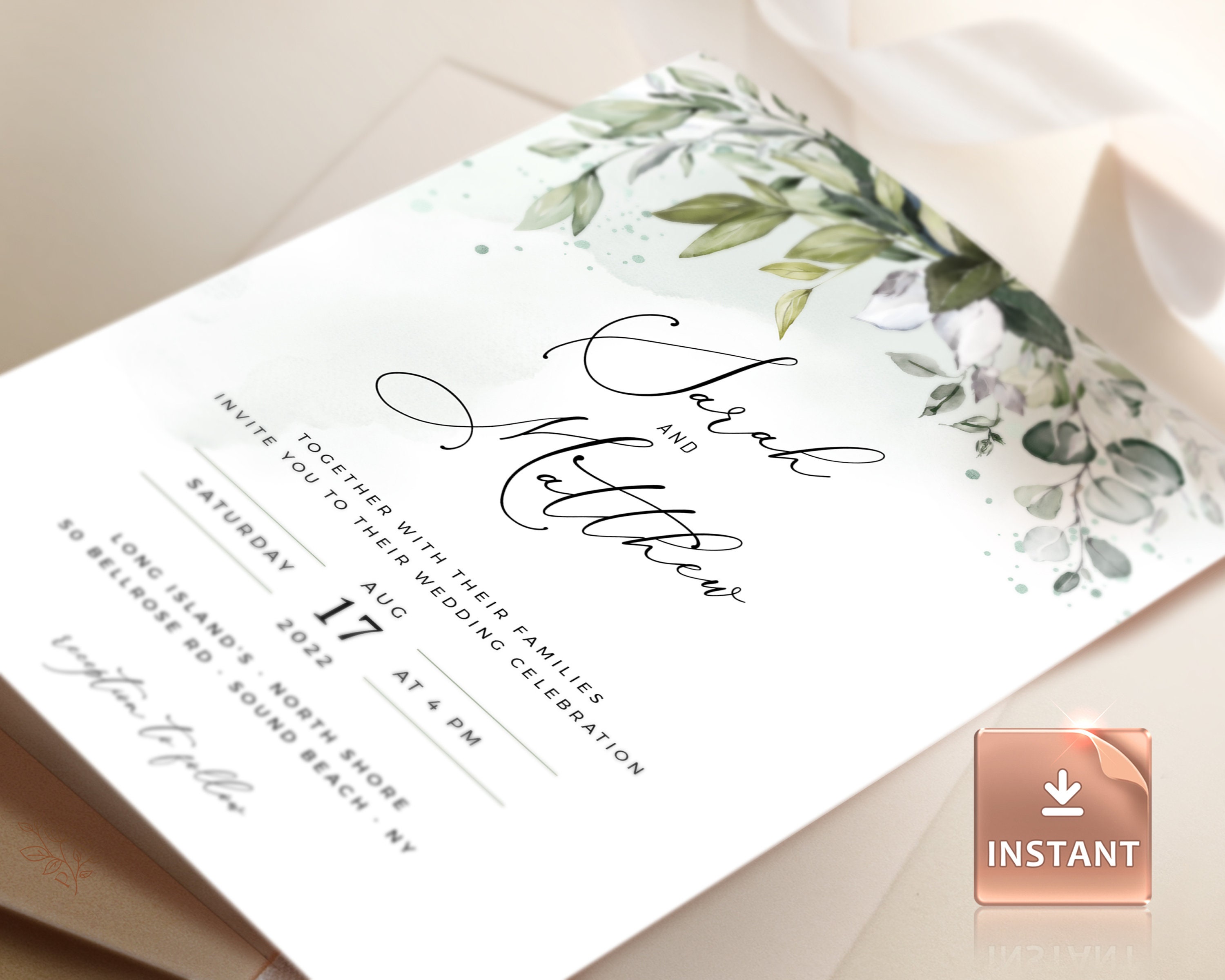 Greenery Wedding Invitation Template: Boho Eucalyptus (Instant Download) -  Etsy México, image size:3000x2400
