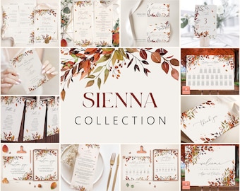 SIENNA - Fall Wedding Template Kit, Burnt Orange Wedding Invite Kit, Whimsical Wedding Invitation Set, Invitation Collection Template Bundle