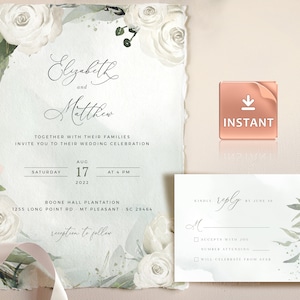 White Roses Wedding Invitation Template: Greenery Eucalyptus (Digital Download)