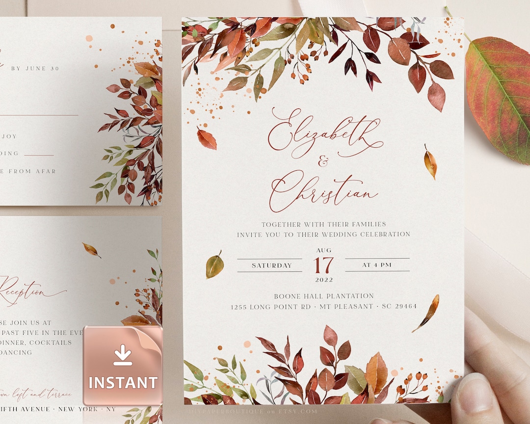 SIENNA Fall Wedding Invitation Template, Rustic Autumn Leaves and Greenery, Download Editable