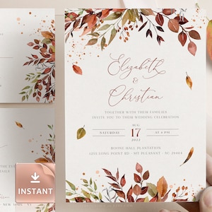 SIENNA – Herbst-Hochzeitseinladungsvorlage, rustikale Herbstblätter und Grün, bearbeitbare Einladung zum Herunterladen, druckbare Hochzeit, Bündel-Einladungen