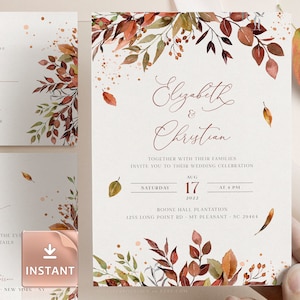 SIENNA Fall Wedding Invitation Template, Rustic Autumn Leaves and Greenery, Download Editable Invite, Printable Marriage, Bundle Invites image 1