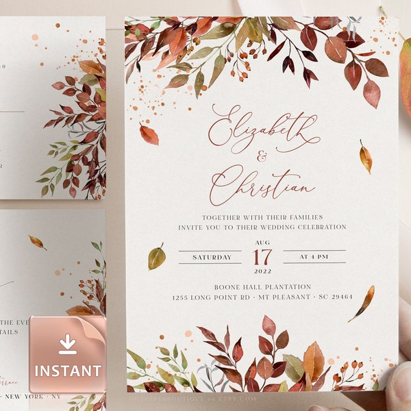 SIENNA - Fall Wedding Invitation Template, Rustic Autumn Leaves and Greenery, Download Editable Invite, Printable Marriage, Bundle Invites