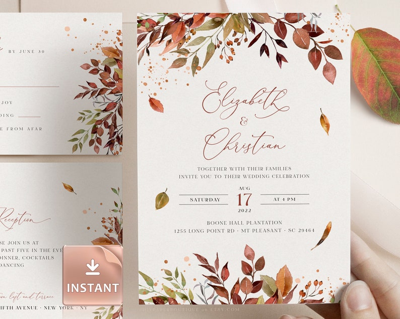 SIENNA Fall Wedding Invitation Template, Rustic Autumn Leaves and Greenery, Download Editable Invite, Printable Marriage, Bundle Invites image 1