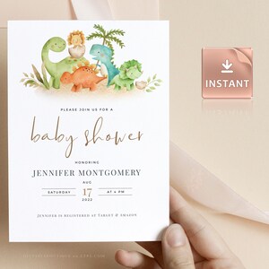 Dinosaurier Baby Shower Einladung, bearbeitbare Dino Baby Shower Invite Bundle, druckbare wilde Tiere Jurassic Stomp Roar, virtuelle Party