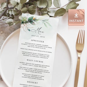 CLEO - Scheda menu stampabile, Matrimonio in oro finto verde eucalipto, Cena con brunch addio al nubilato DOWNLOAD istantaneo, Modello modificabile stampabile