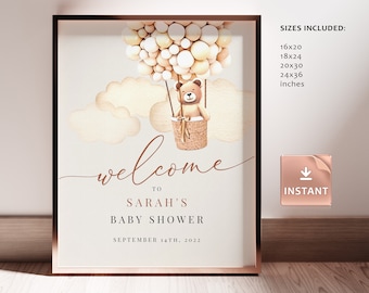 Bear Balloon Baby Shower Welcome Sign: Gender Neutral, Printable (Editable)