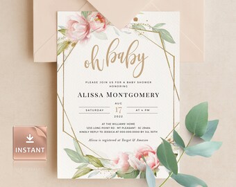 Pink Floral Baby Shower Invitation Template: Watercolor Flowers (Editable Printable)