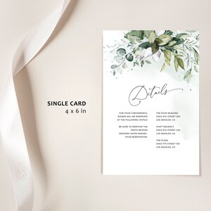 May include: A single 4x6 inch card with a watercolor background featuring green leaves and white flowers. The card has the word "Details" written in cursive at the top and lists hotel information for a wedding.