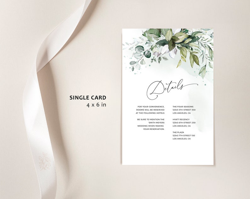 May include: A single 4x6 inch card with a watercolor background featuring green leaves and white flowers. The card has the word "Details" written in cursive at the top and lists hotel information for a wedding.