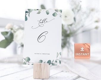 LAILA - Eucalyptus Table Numbers, Watercolour Greenery Leaves, 5x7" and 4x6", INSTANT DOWNLOAD, Editable Boho Wedding Numbering Template