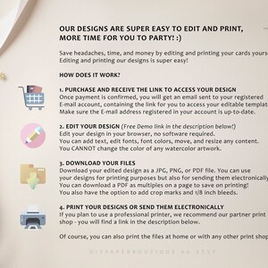 May include: A guide on how to edit and print digital designs. The guide includes four steps: purchase and receive the link to access your design, edit your design, download your files, and print your designs or send them electronically. The guide also mentions that you can print the files at home or with any other print shop.