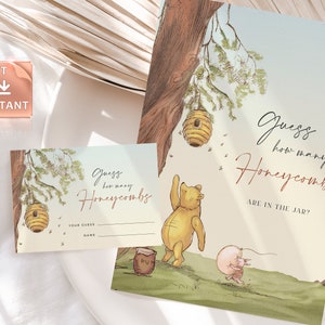 Pooh Bear Baby Shower Game: Guess How Many Honeycombs Sign & Tickets (Editable Template)