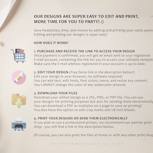 May include: A guide on how to edit and print digital designs. The guide includes four steps: purchase and receive the link to access your design, edit your design, download your files, and print your designs or send them electronically. The guide also mentions that you can print the files at home or with any other print shop.