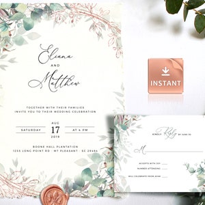 MAIA - Hochzeitseinladungsvorlage mit Eukalyptus Faux Rosegold. Rustikales Aquarell, bearbeitbare druckbare Einladungen, benutzerdefinierter DIY-Download