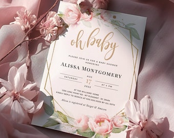 Pink Floral Baby Shower Invitation Template: Editable Gold Geometric (PDF)
