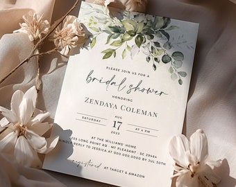 Editable Bridal Shower Invitation Template, Editable, Printable Bridal Shower Invitation Card, Eucalyptus Greenery Instant Download Templett