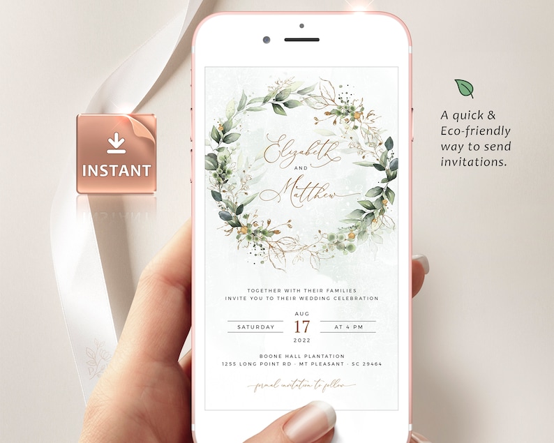 CLEO iPhone Wedding Evite Template, Smartphone Electronic Invitation, Greenery Digital Invite, Mobile Invitation Editable Instant Download image 3