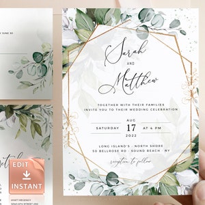 REESE - Geometric Greenery Wedding Invitation, Boho Watercolor Eucalyptus Wedding Invite Template, Bohemian Wedding Suite, Instant Download
