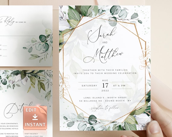 Bohemian Wedding Suite Instant Download Boho Watercolor Eucalyptus Wedding Invite Template REESE Geometric Greenery Wedding Invitation