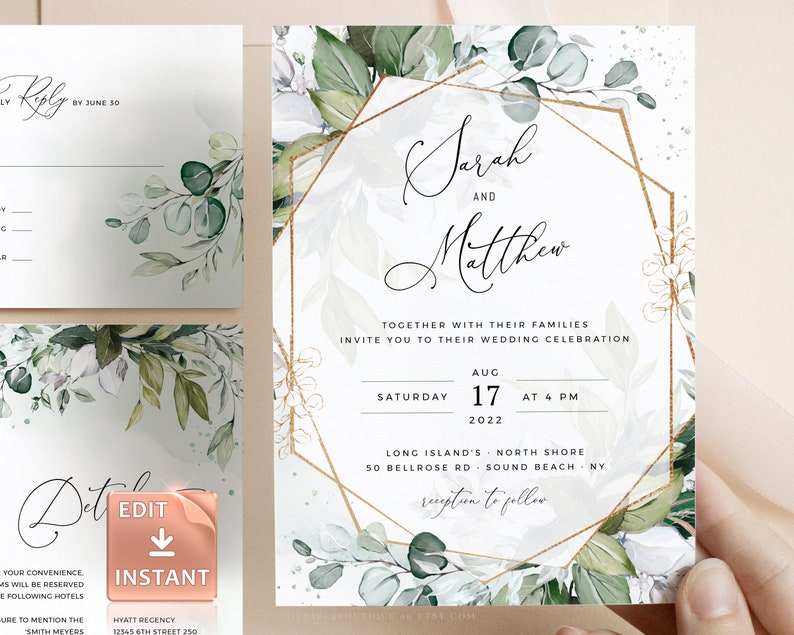 Bohemian Wedding Suite Instant Download Boho Watercolor Eucalyptus Wedding Invite Template REESE Geometric Greenery Wedding Invitation