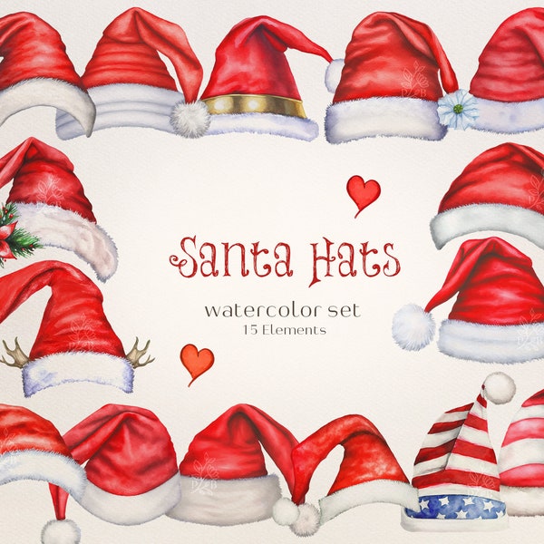 Chapeau de Père Noël Aquarelle Clipart Noël, Mignon Santa Clipart Cap PNG, Hiver Heureux Père Noël, Saisonnier Fête du Père Noël Clipart Utilisation commerciale